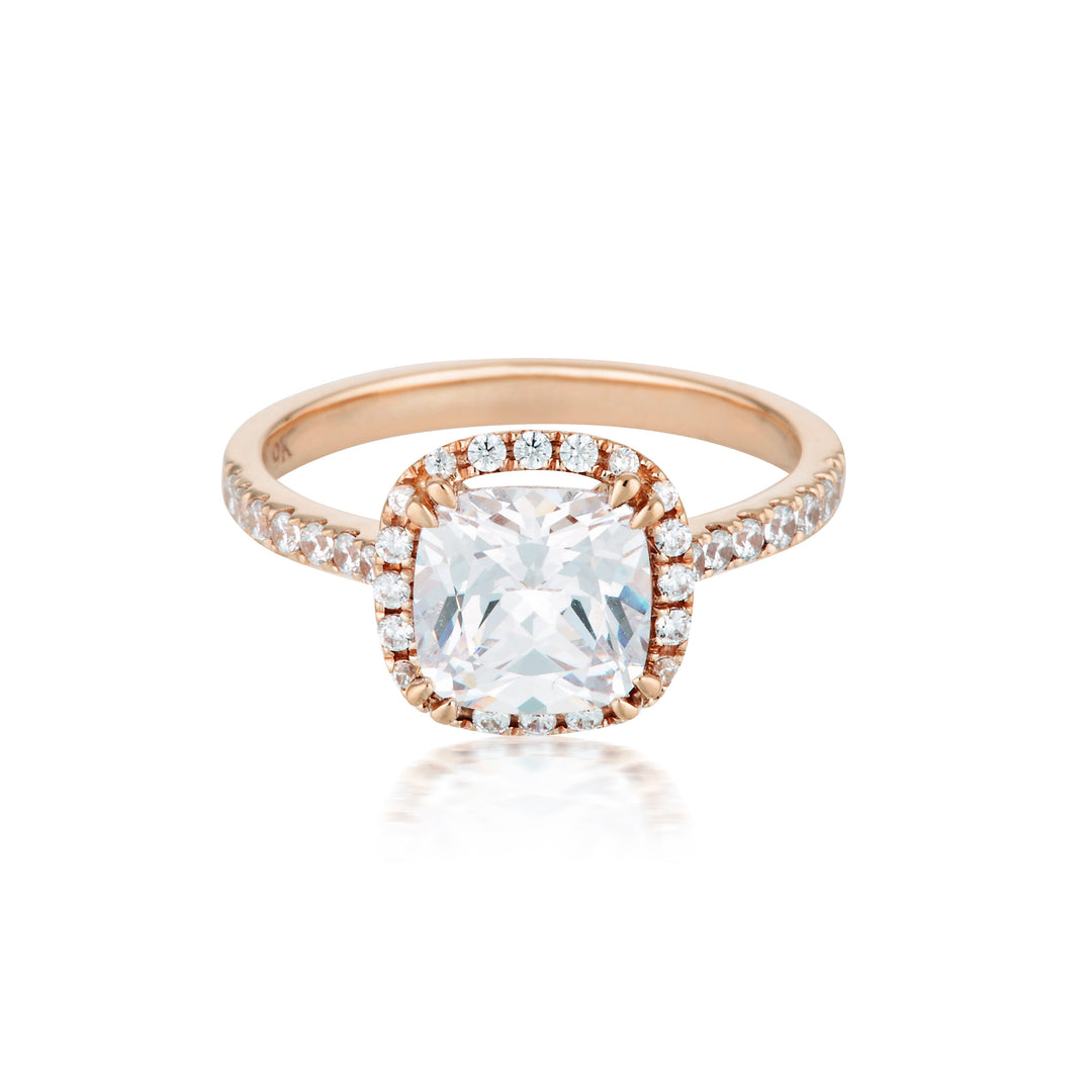 Georgini Gold Cushion Cut Halo 1.5tcw Moissanite Engagement Ring In 9ct Rose Gold